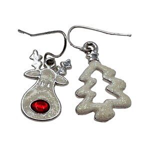 Earrings Women Christmas Holiday Reindeer & Tree Earrings Dangle Silver Tone